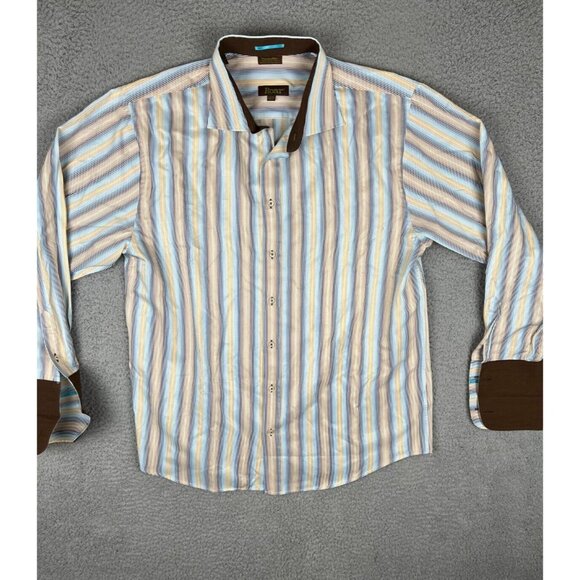 Roar Men 2XL Multicolor Striped Long Sleeve Button Up Dress Shirt Flip Cuff - Picture 1 of 9